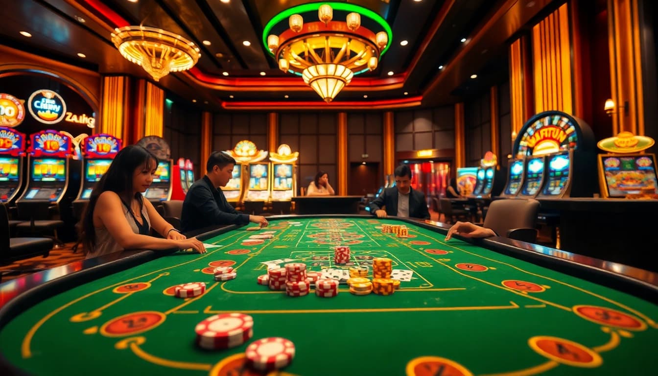 Xóc đĩa có chương trình khuyến mãi at a lively casino table filled with excited players and colorful gaming elements.