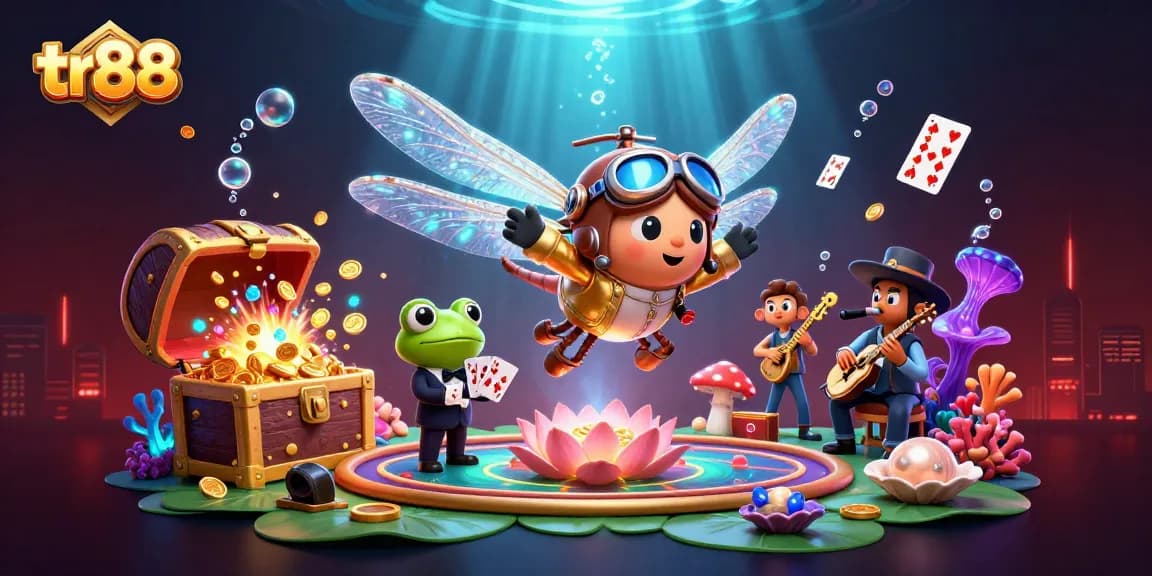 Experience the thrill of tr88 with a vibrant casino scene featuring a dragonfly pilot, frog croupier, and jazz musicians.