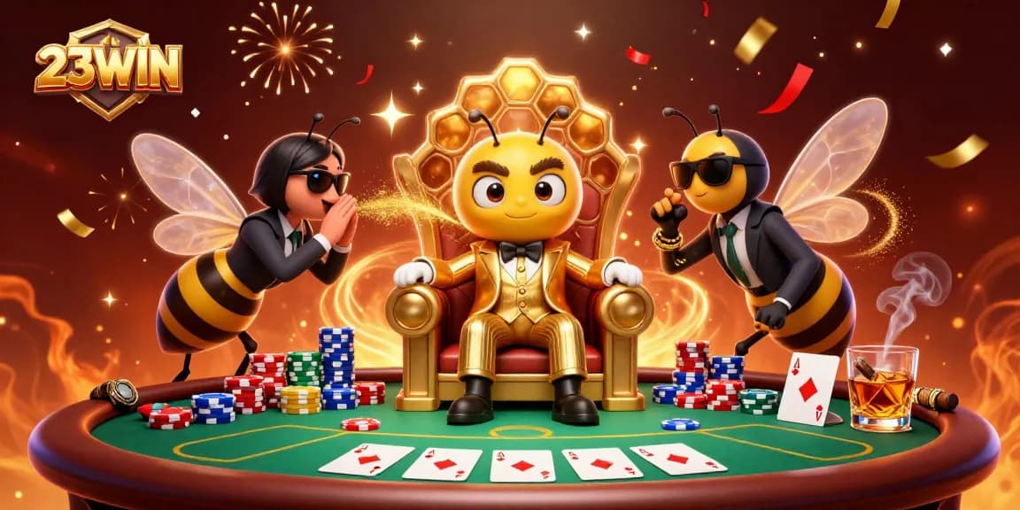Win big with 23WIN in this vibrant casino scene featuring lively characters and poker elements.