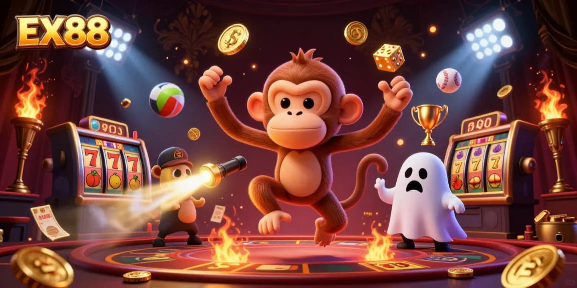 EX88 showcases a playful haunted casino scene with lively characters and golden gambling elements.