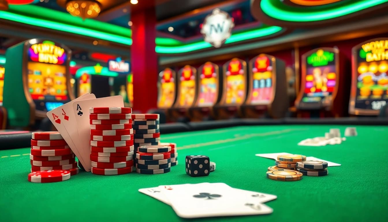 Experience the thrill of gambling at kingfun.rent with a luxurious casino scene featuring poker chips, cards, and vibrant slot machines.