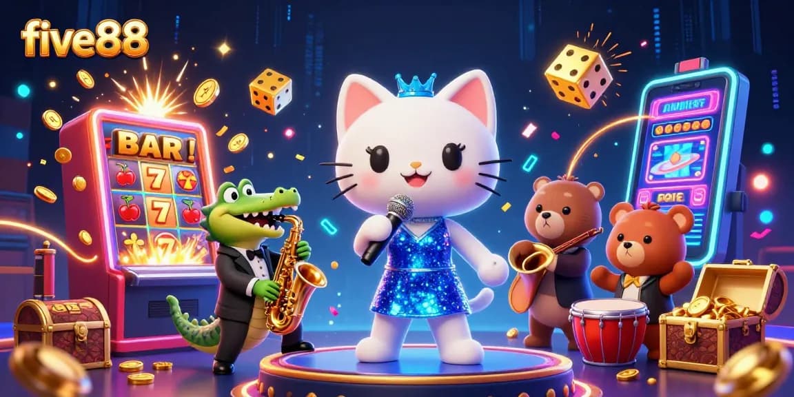 five88 players enjoy a vibrant casino scene with saxophones and jackpots exploding.