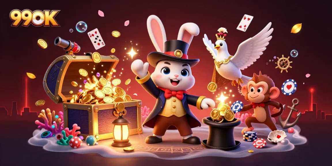Experience the magic of 99OK as a rabbit conjures coins while a monkey steals poker chips.