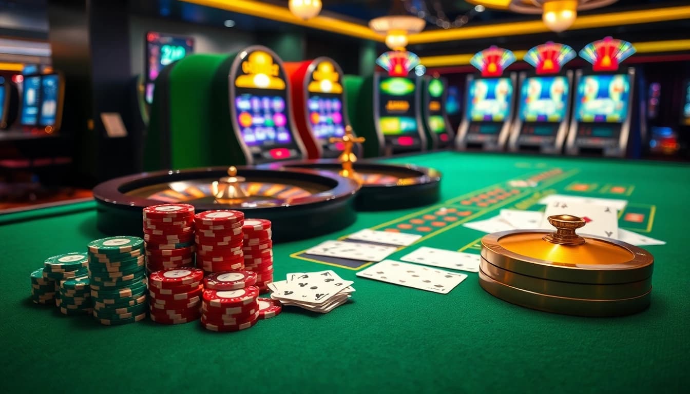 Experience the excitement of TG88 with engaging casino games, poker chips, and roulette tables.