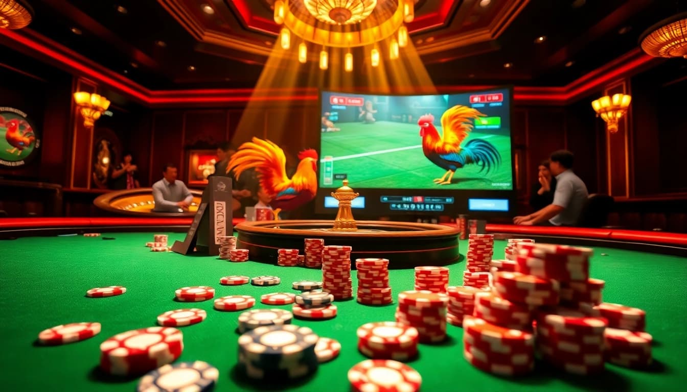 Experience Đá gà trực tiếp with vibrant casino visuals capturing live betting excitement.