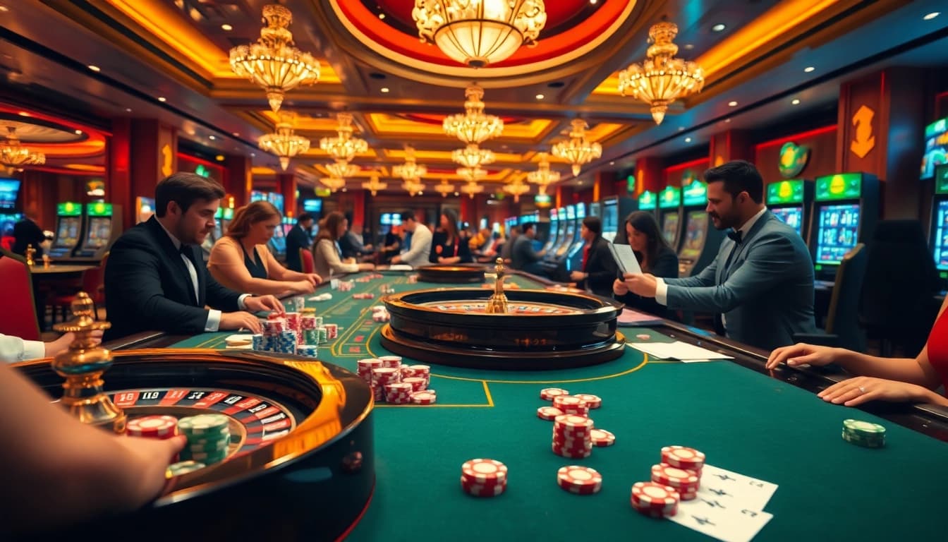Engaged gamblers enjoying various games at nhà cái PS99 in a luxurious casino setting.