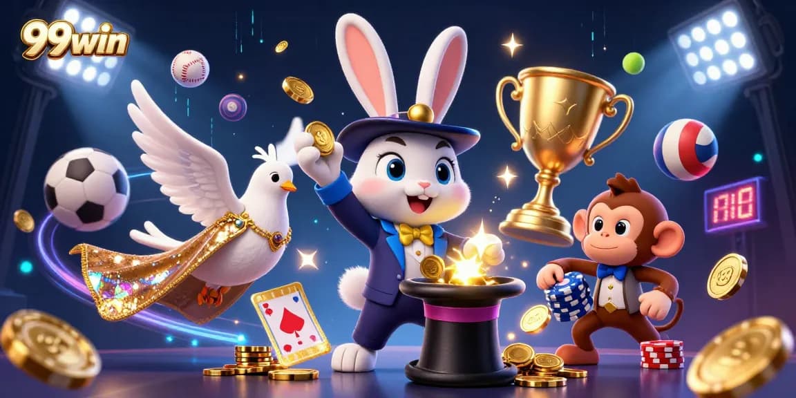Engage with 99win's vibrant gaming scene featuring a magical rabbit and thrilling casino elements.
