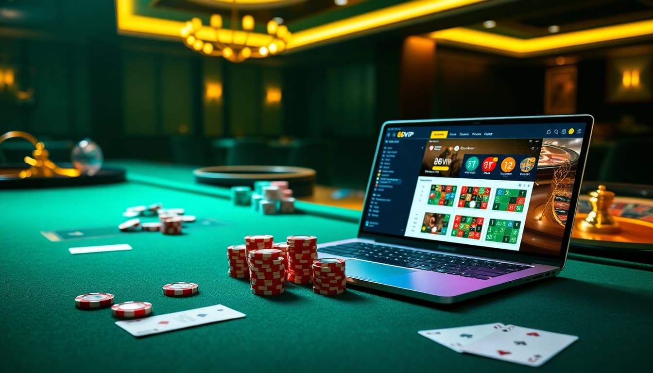 Experience the excitement of 68VIP online gaming with poker chips and a sleek laptop setup.