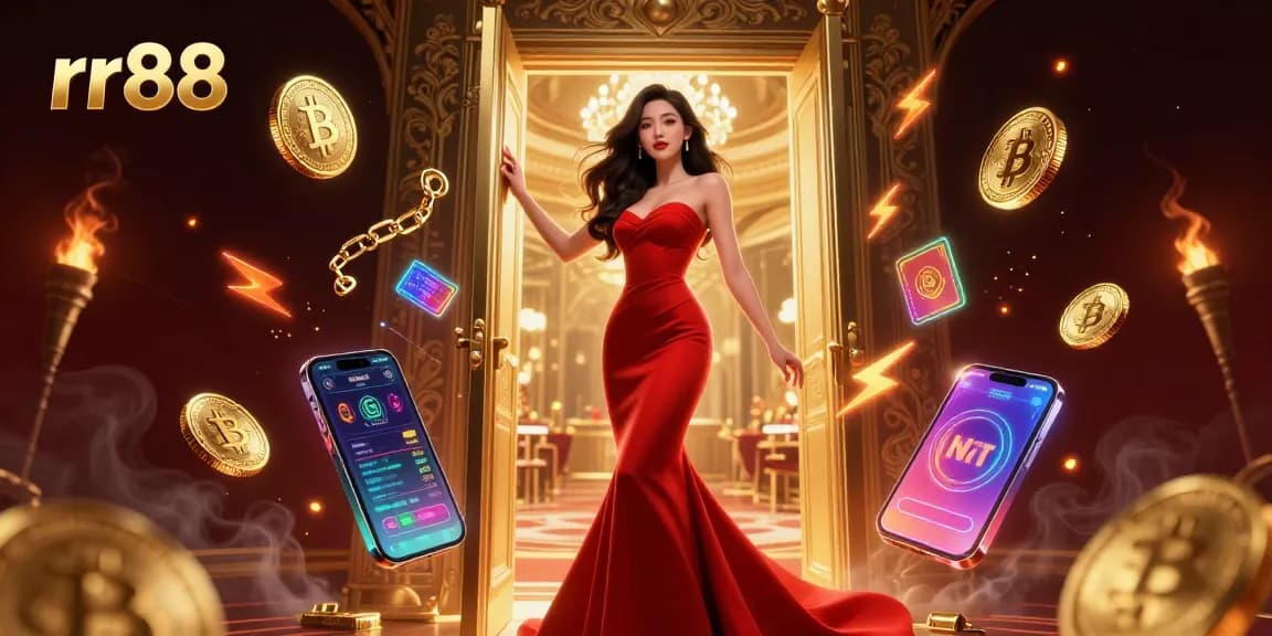 Experience thrilling gaming at rr88 with a stunning digital illustration of a glamorous casino doorway.