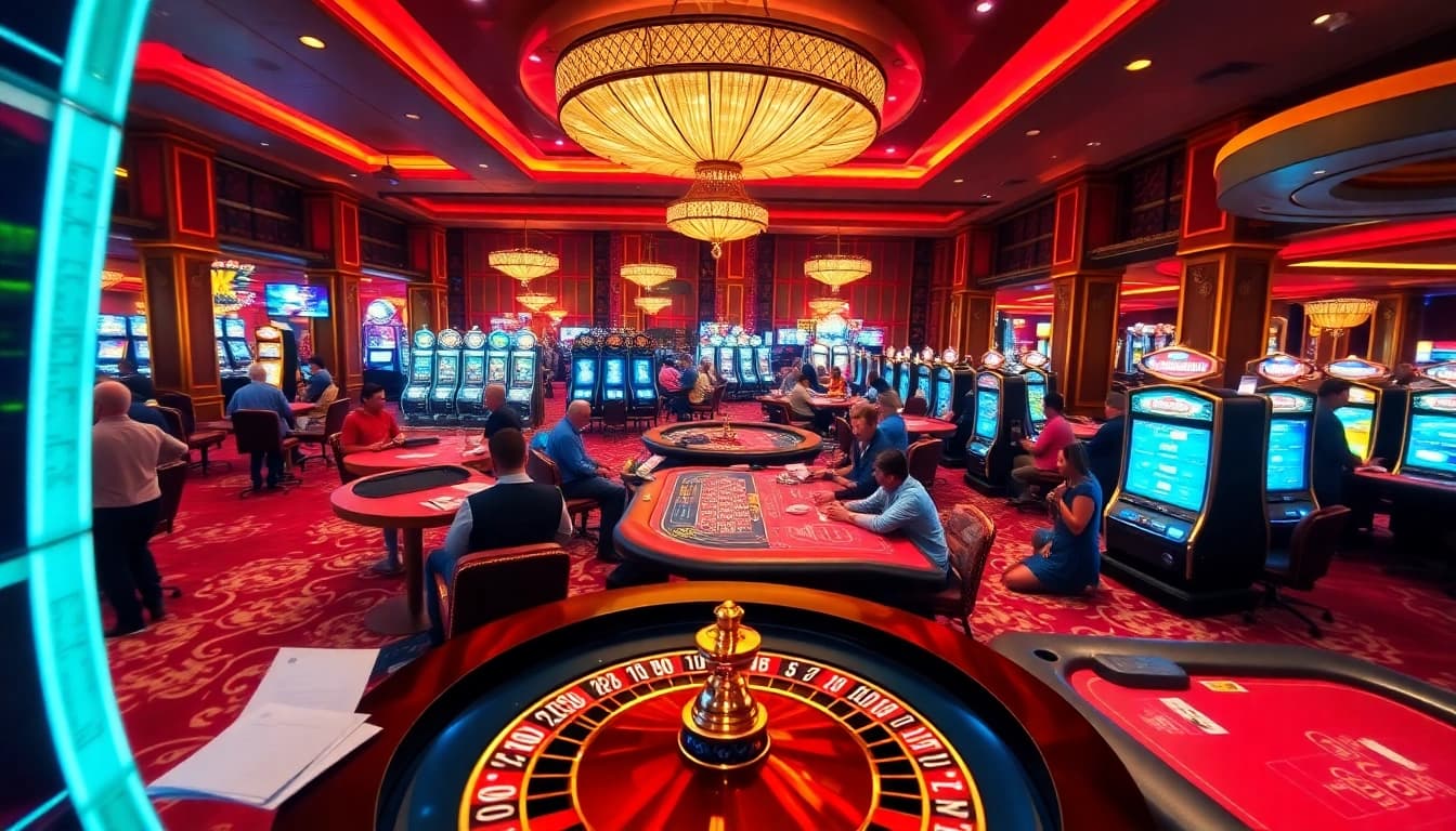 SODO Casino scene featuring excited players at poker and roulette tables with vibrant gaming elements.