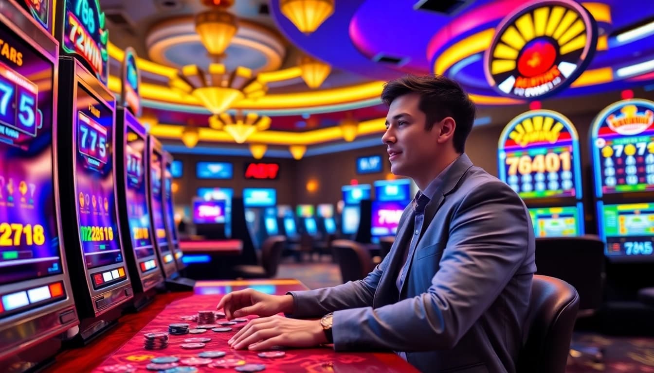 Player enjoying a thrilling moment at a 789WIN slot machine amid a vibrant casino atmosphere.