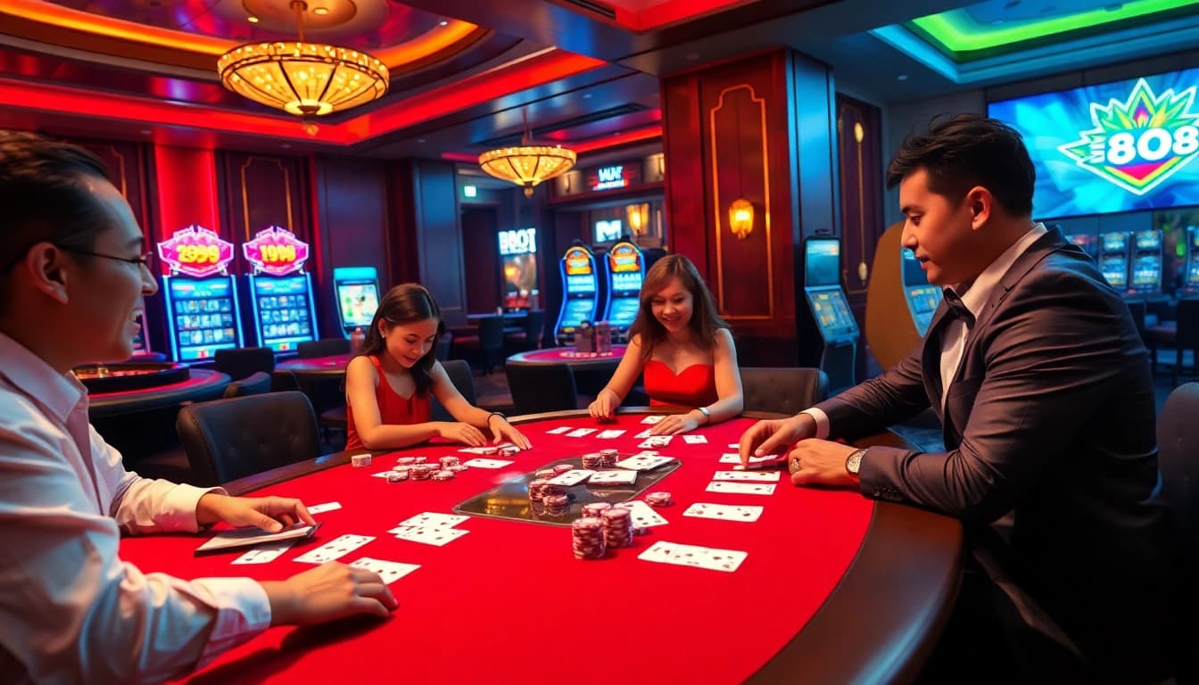 Players enjoying a high-stakes game at RR88 casino, showcasing a vibrant gambling atmosphere.
