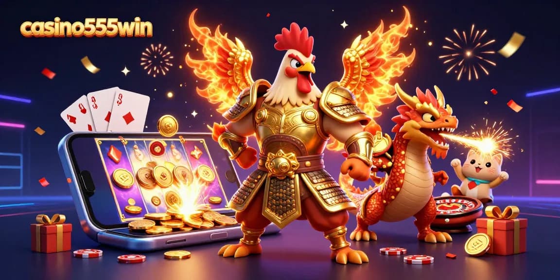 Experience thrilling gameplay at casino555win with a vibrant 3D illustration of exciting gaming elements and characters.