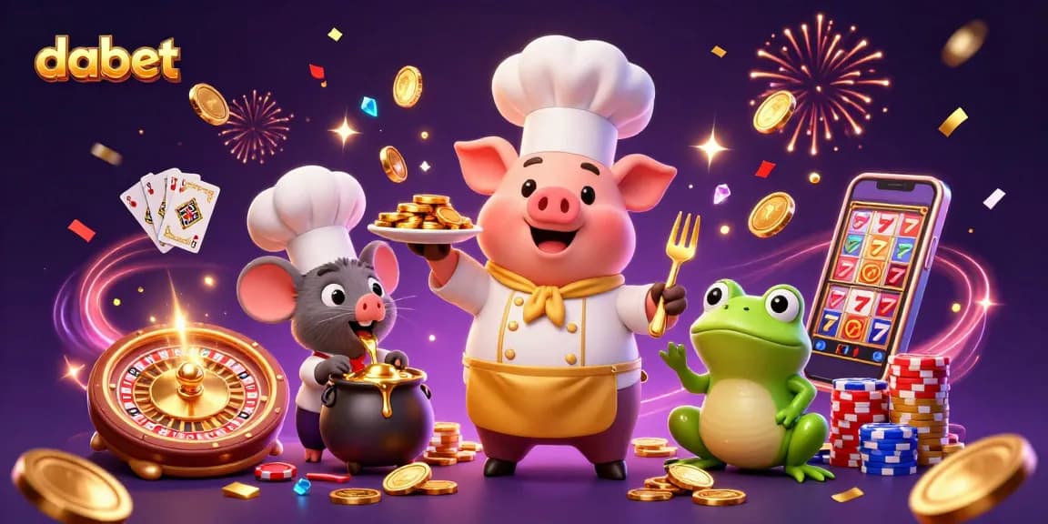 Dabet showcases a vibrant casino scene featuring a pig chef presenting gold coins, emphasizing excitement in online gambling.