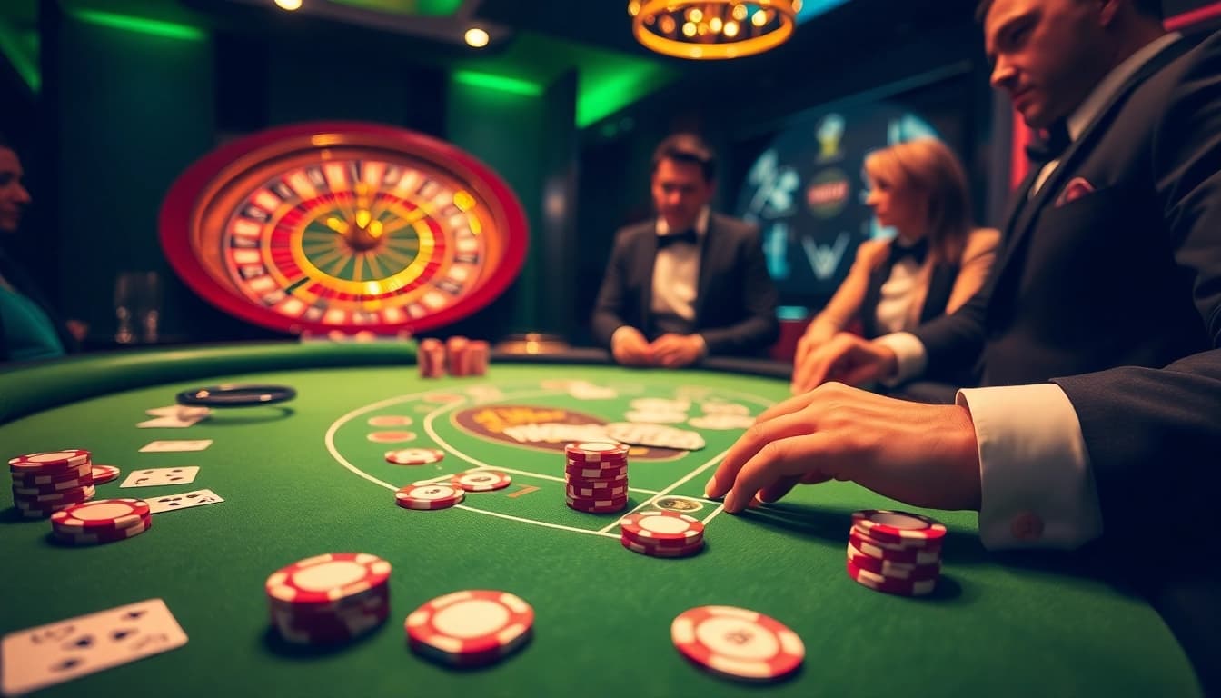 Engaging gameplay at MM88, featuring a vibrant blackjack table surrounded by eager players and poker chips.