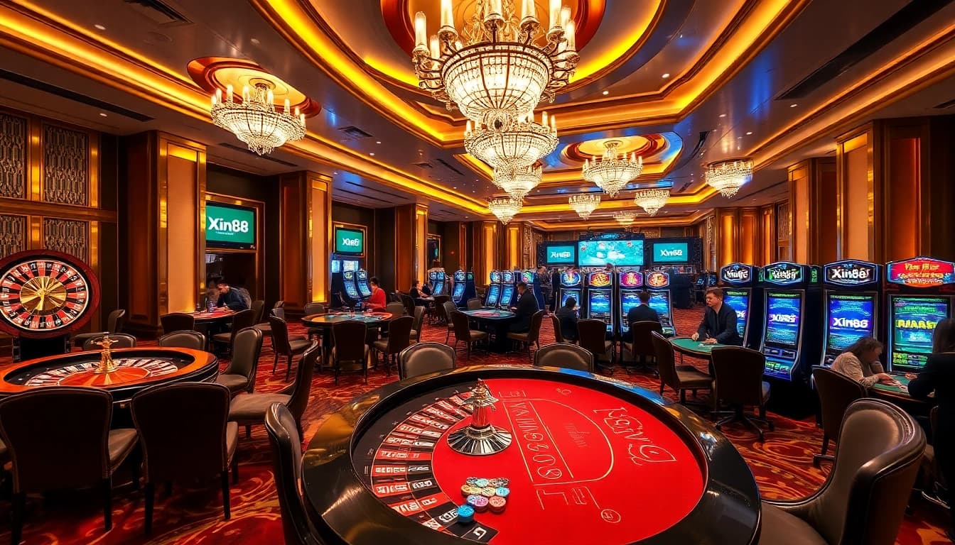 Experience the thrilling atmosphere of Xin88 with vibrant casino games and luxurious design.