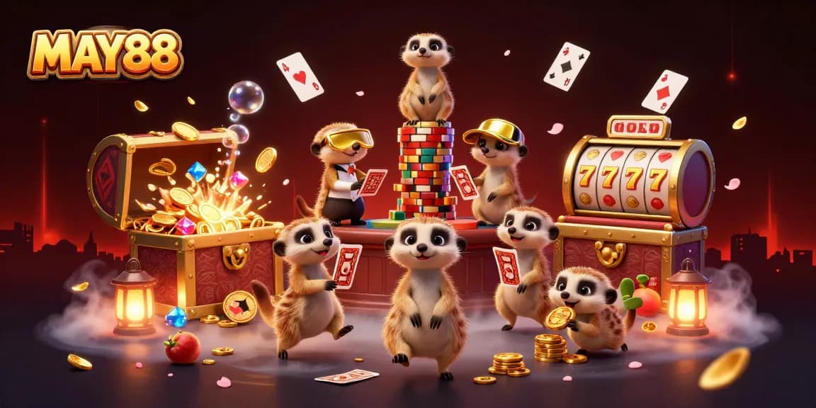 MAY88 showcases a dynamic meerkat casino scene, featuring playful characters and exciting game elements.