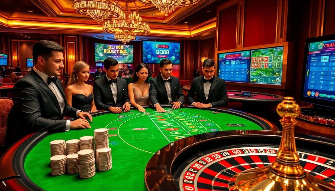 Players enjoying the QQ88 casino experience with chips and games in a luxurious setting.