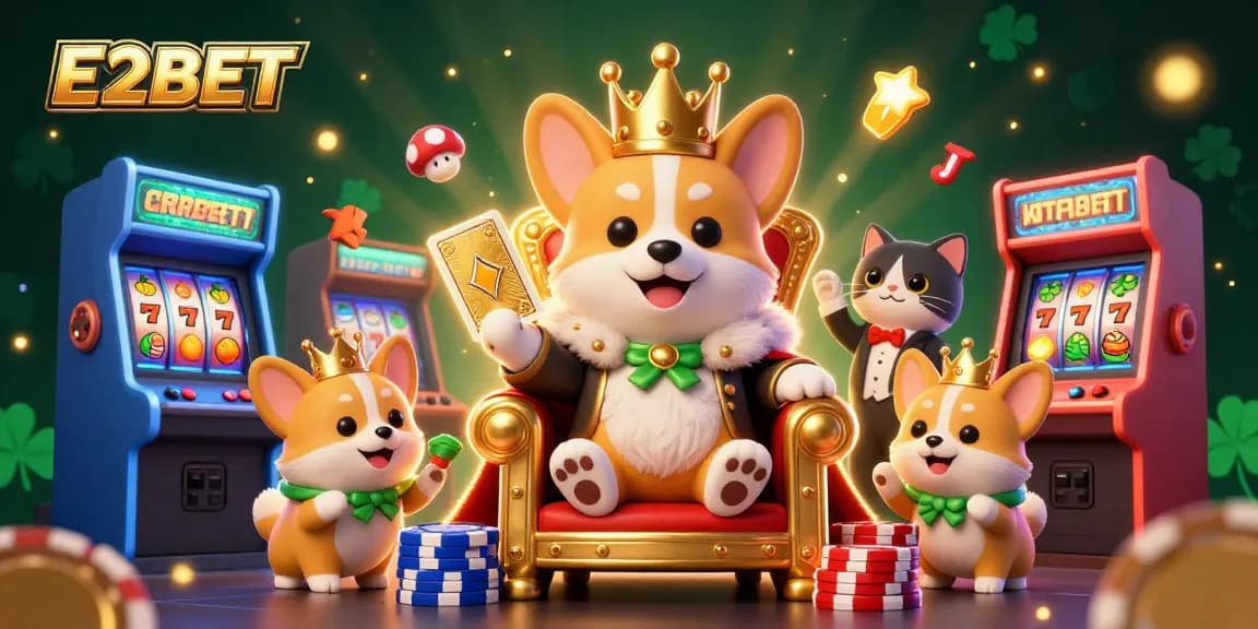 E2BET features a captivating royal corgi, arcade games, and vibrant casino elements, showcasing excitement and fun.