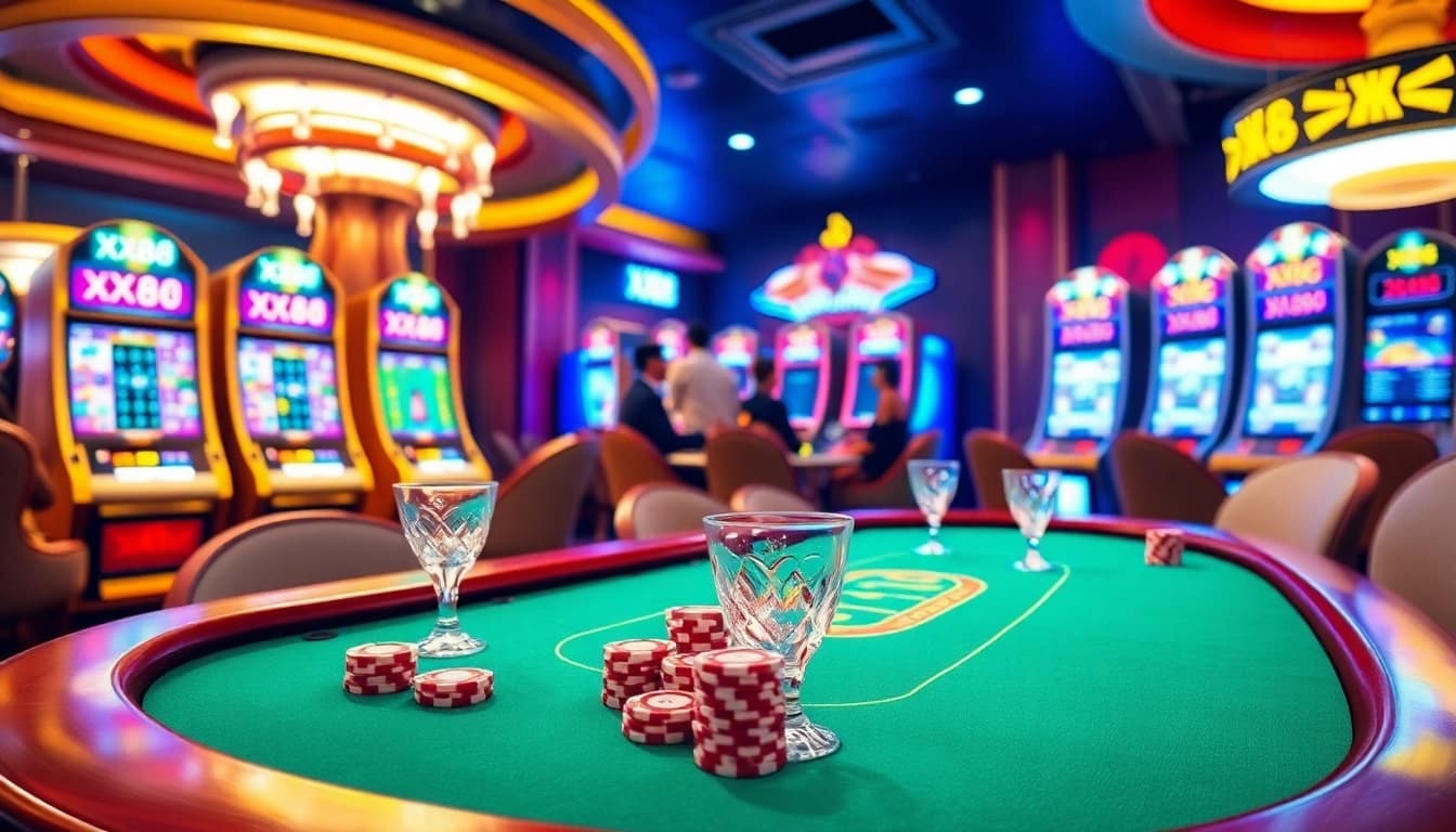 Experience the vibrant atmosphere of online gaming at XX88 with poker tables and slot machines.