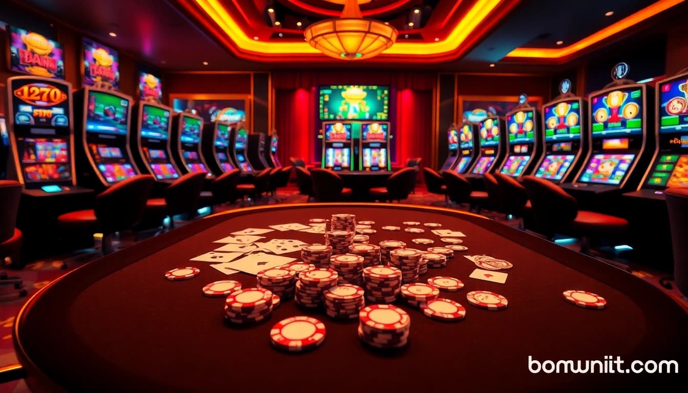 Experience thrilling gameplay at bomwin1.it.com with vibrant casino tables and exciting gambling elements.