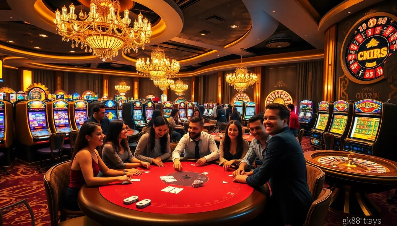 Excitement at the casino with gk88 toys branding and joyful players engaging in blackjack.