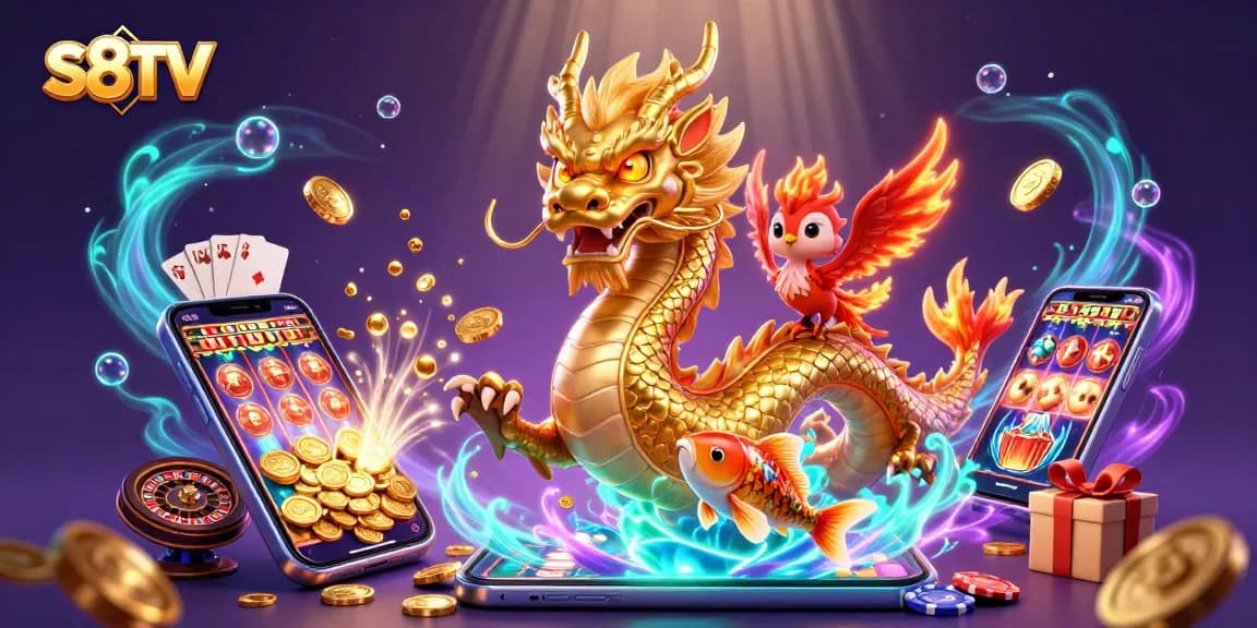 Bet on S8TV with a colorful display of slot games and dynamic characters in a vibrant casino scene.