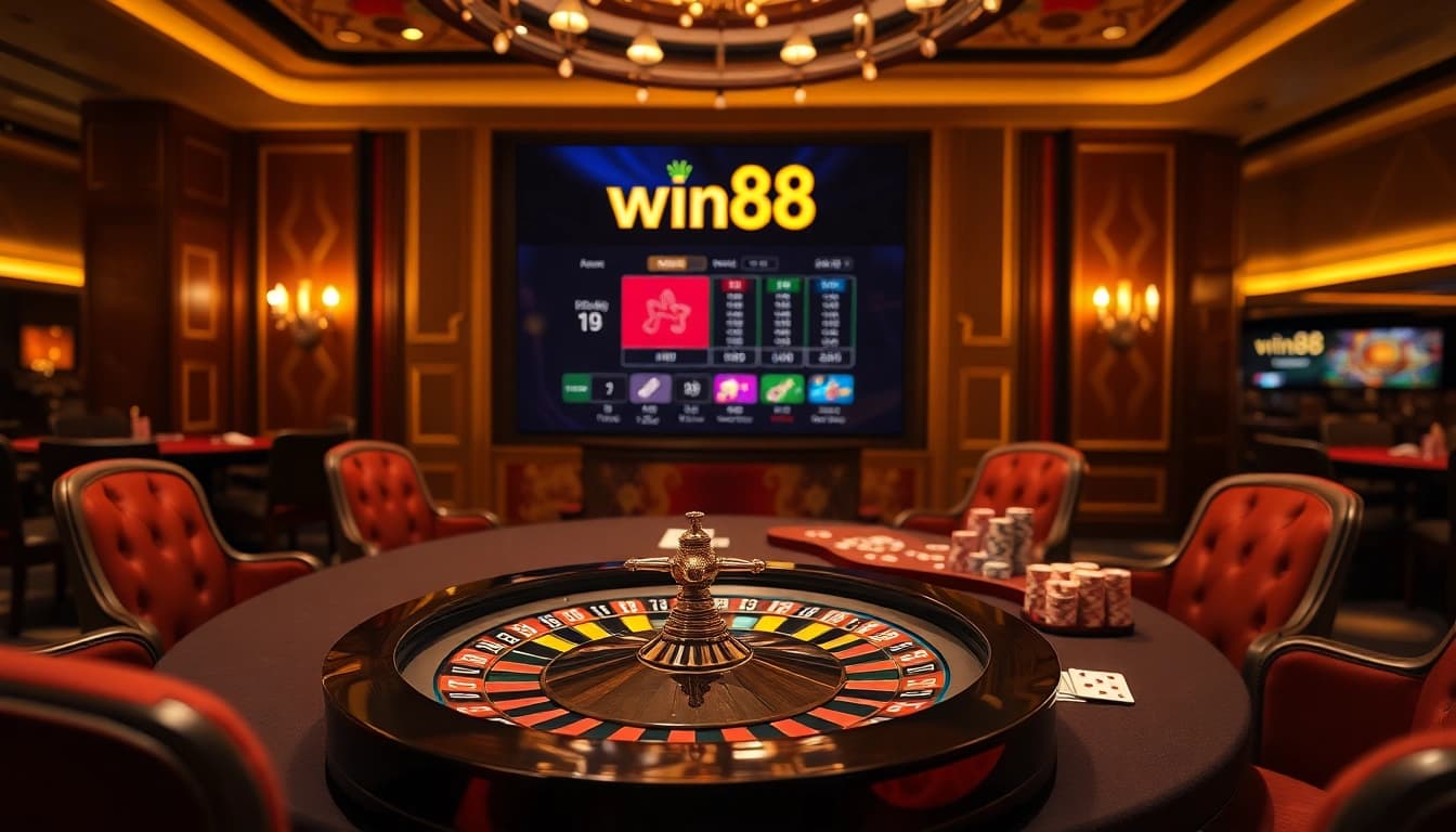 Engaging roulette wheel and poker table scene showcasing Trang chủ win88 vibrant casino atmosphere.