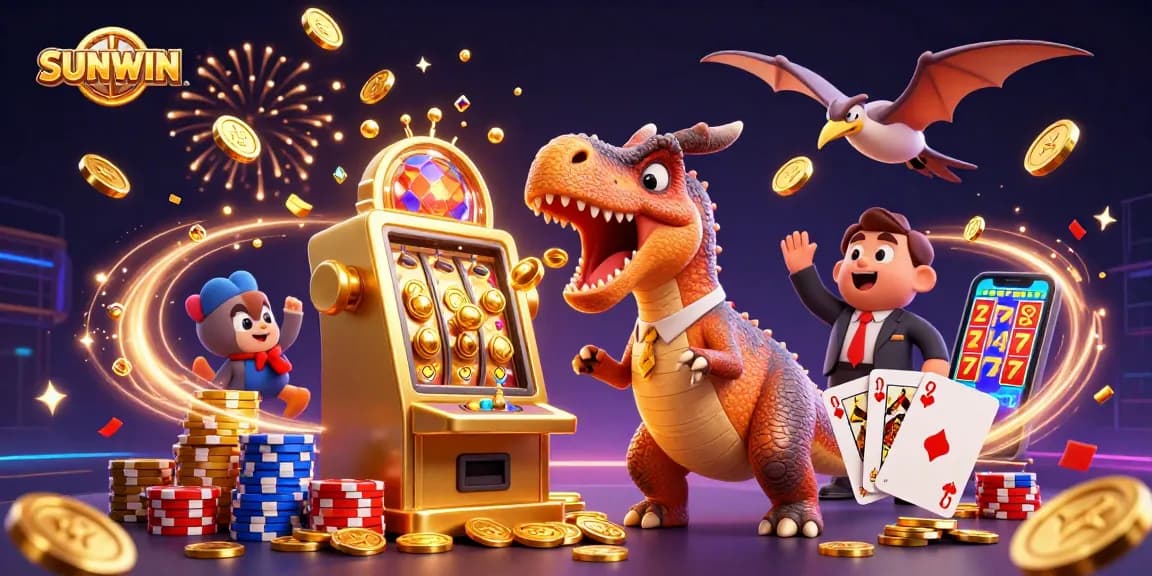 SUNWIN showcases a pachycephalosaurus winning slots, coins flying, and vibrant casino chaos.