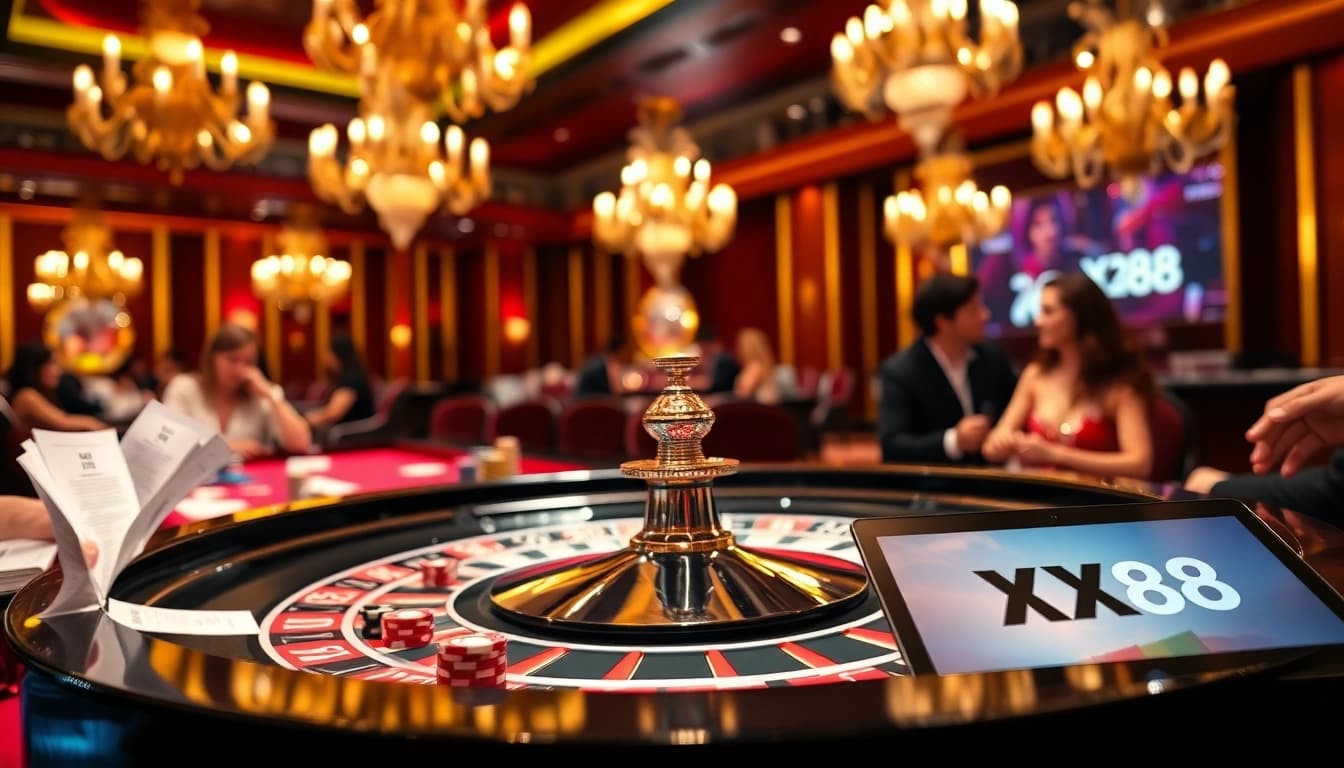 Experience the thrill of gaming at XX88 with a luxurious roulette table and excited players.