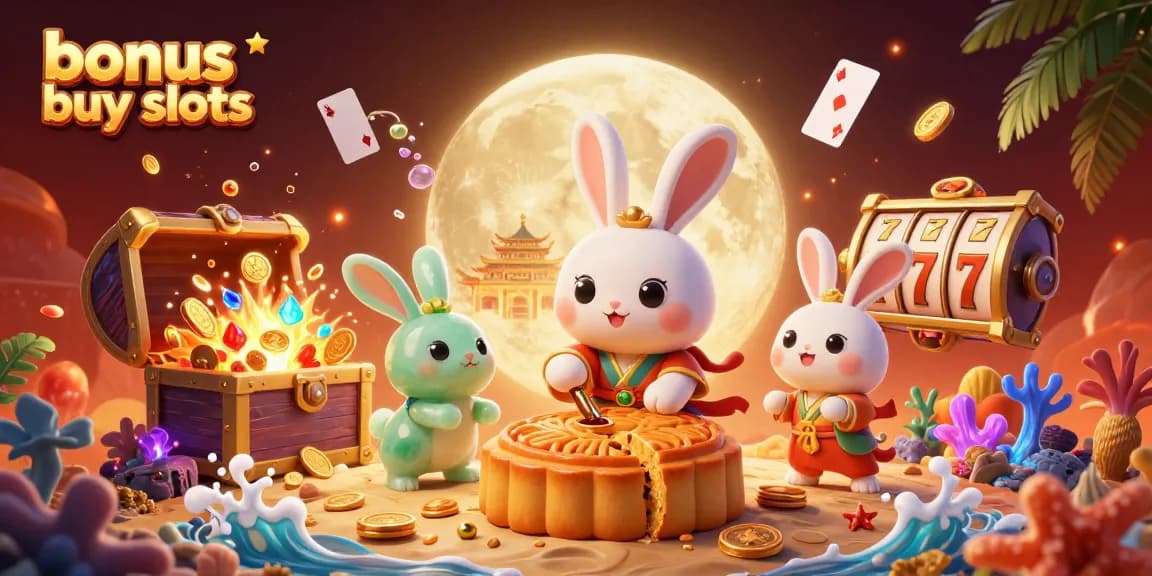 Experience bonus buy slots with a vibrant lunar casino scene showcasing playful characters, captivating game elements, and excitement.