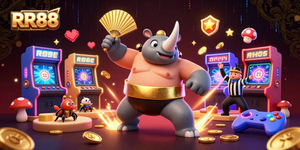 Experience thrilling gameplay at RR88 with a dynamic 3D casino scene filled with colorful characters and exciting elements.