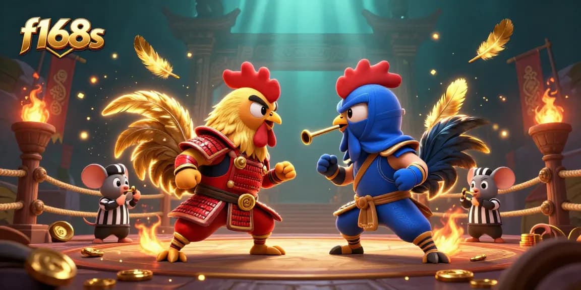 Engage with f168s as cartoon roosters duel among golden betting tokens in a vibrant arena.