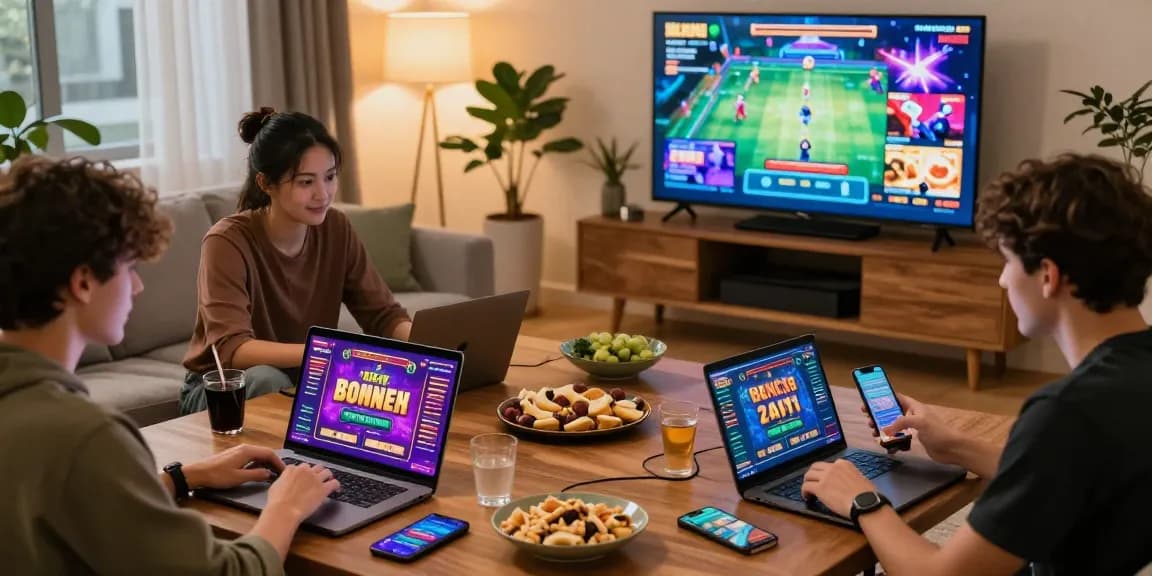 Excited group enjoying gaming night exploring casinos not on GamStop with laptops and drinks, showcasing fun atmosphere.