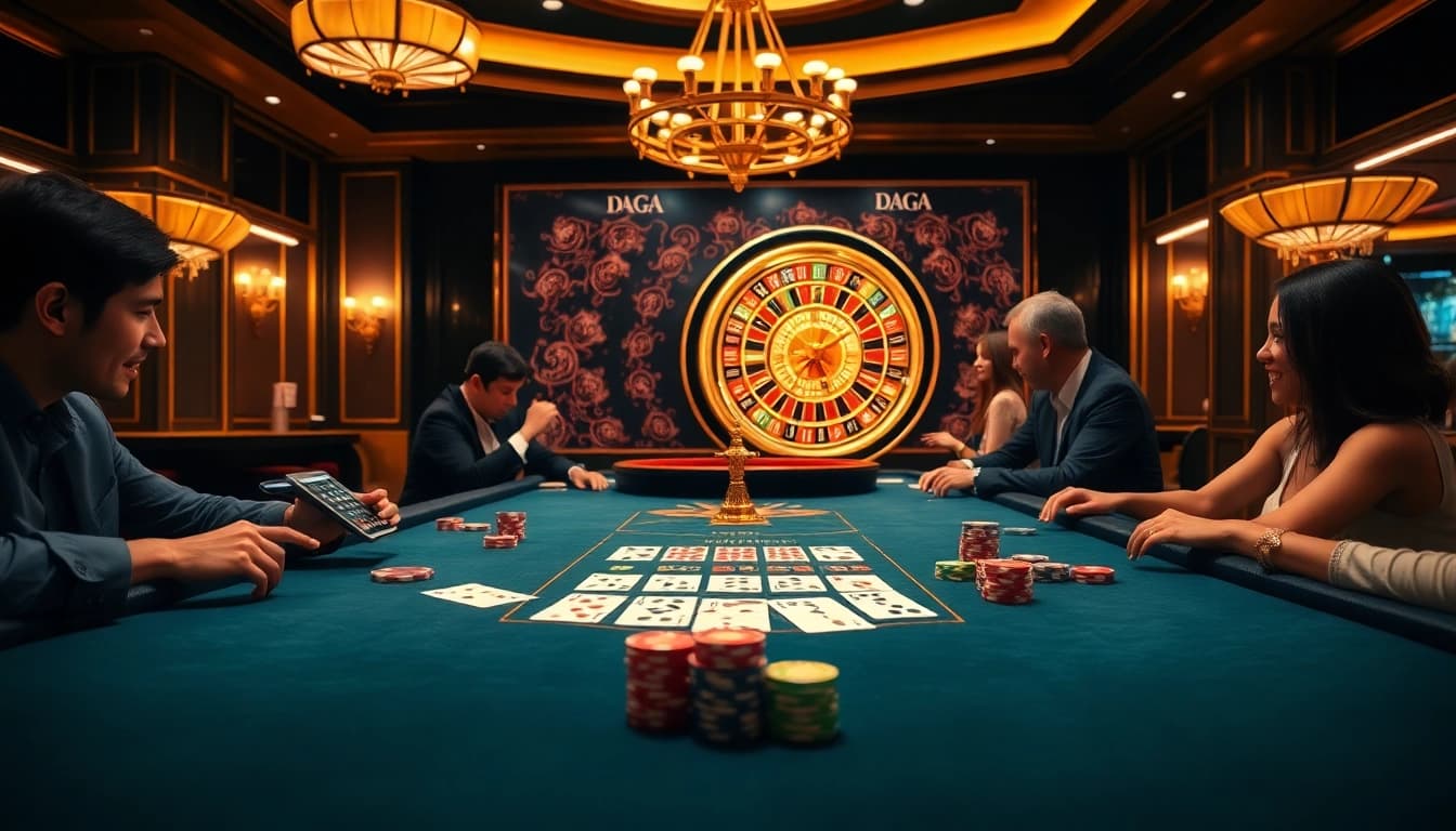 Daga players engaging in an exciting poker game at an elegant casino table, showcasing luxury and thrill.