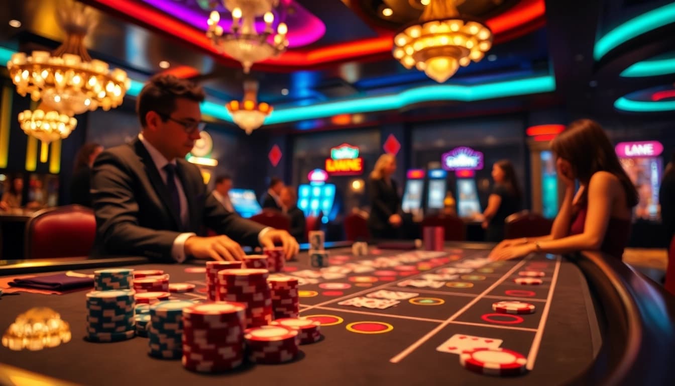 Experience the excitement of RR88 with vibrant casino gaming tables and players engaged in action.