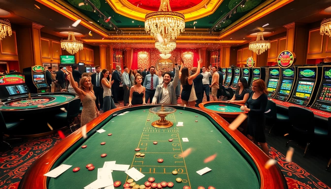 Celebrating the explosion of a prize-winning lottery in a luxurious casino environment filled with excitement.