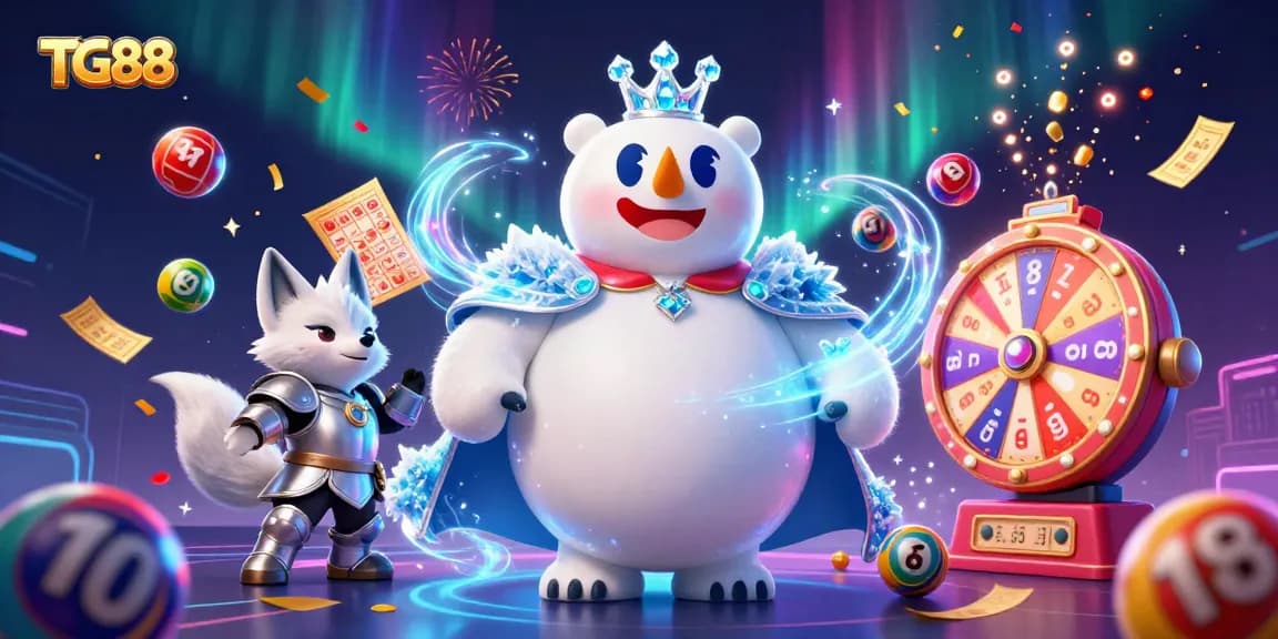 TG88 invites players to enjoy vibrant lottery games with the energetic ice king and snow fox in a festive casino scene.