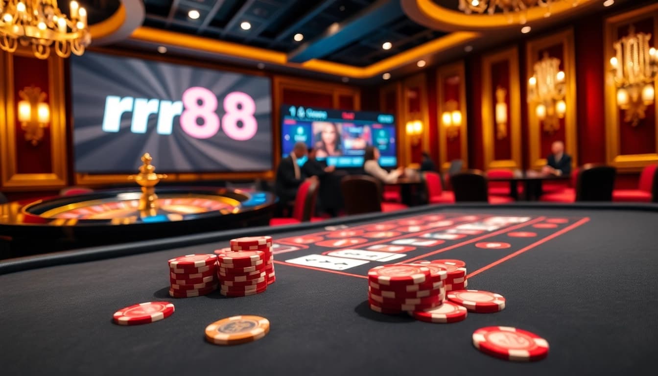 Experience rr88 at a stunning casino table with poker chips and cards.