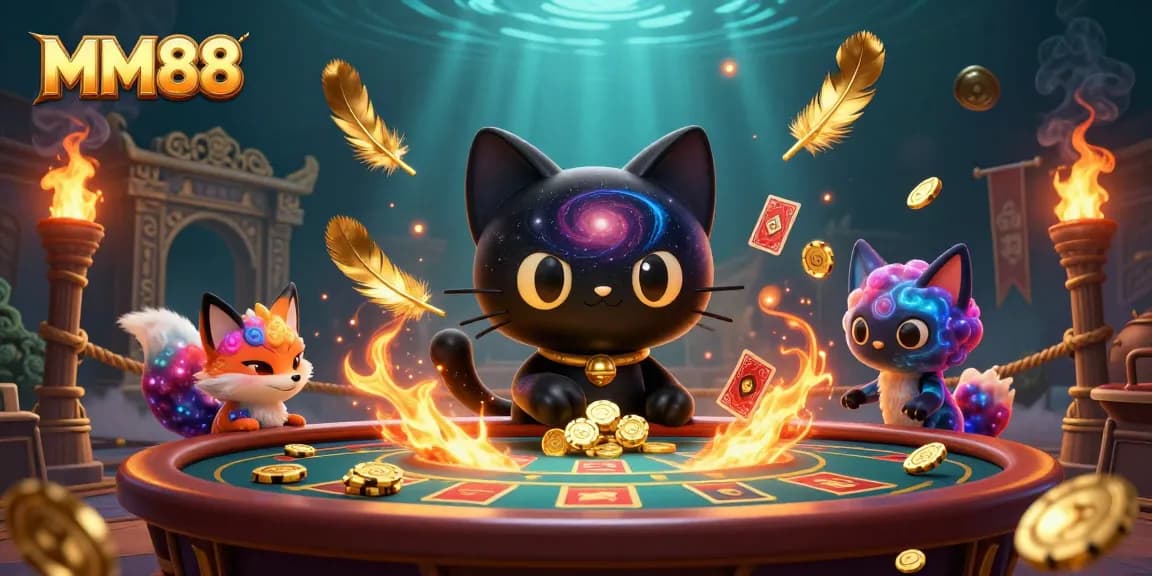 Engage with MM88 at a vibrant cosmic casino surrounded by swirling gold and fire effects.