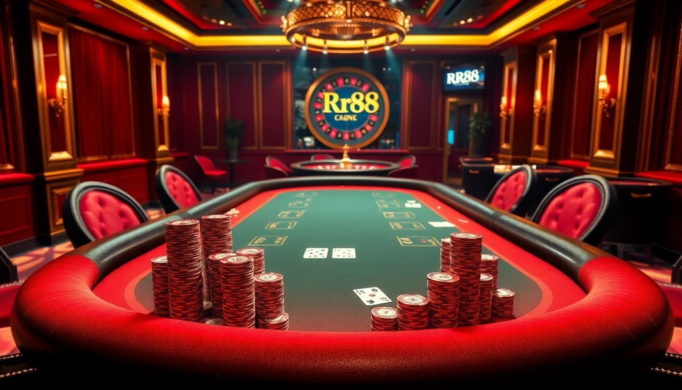 RR88 casino scene showcasing poker chips and a roulette wheel in luxurious settings