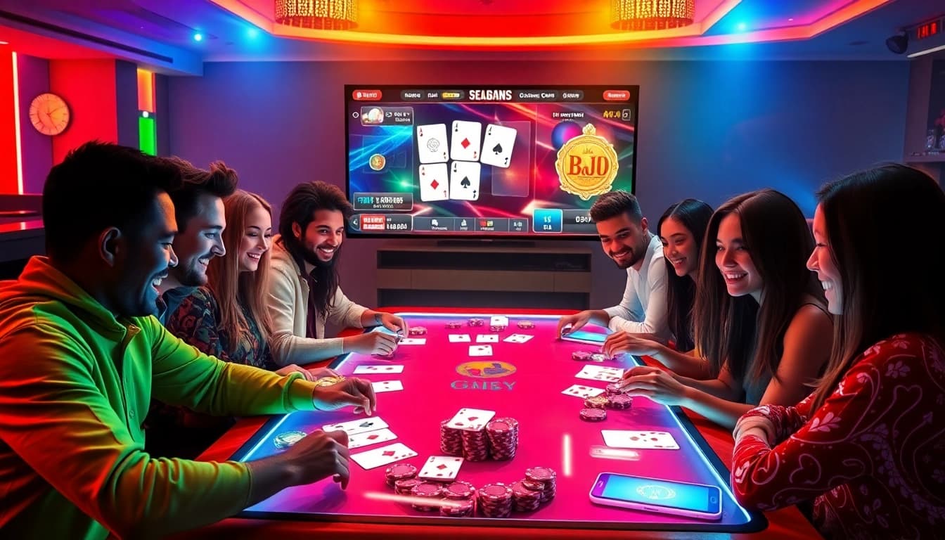 Engaging scene of friends playing at gamebaidoithuong.com.vc, showcasing vibrant online gaming atmosphere.