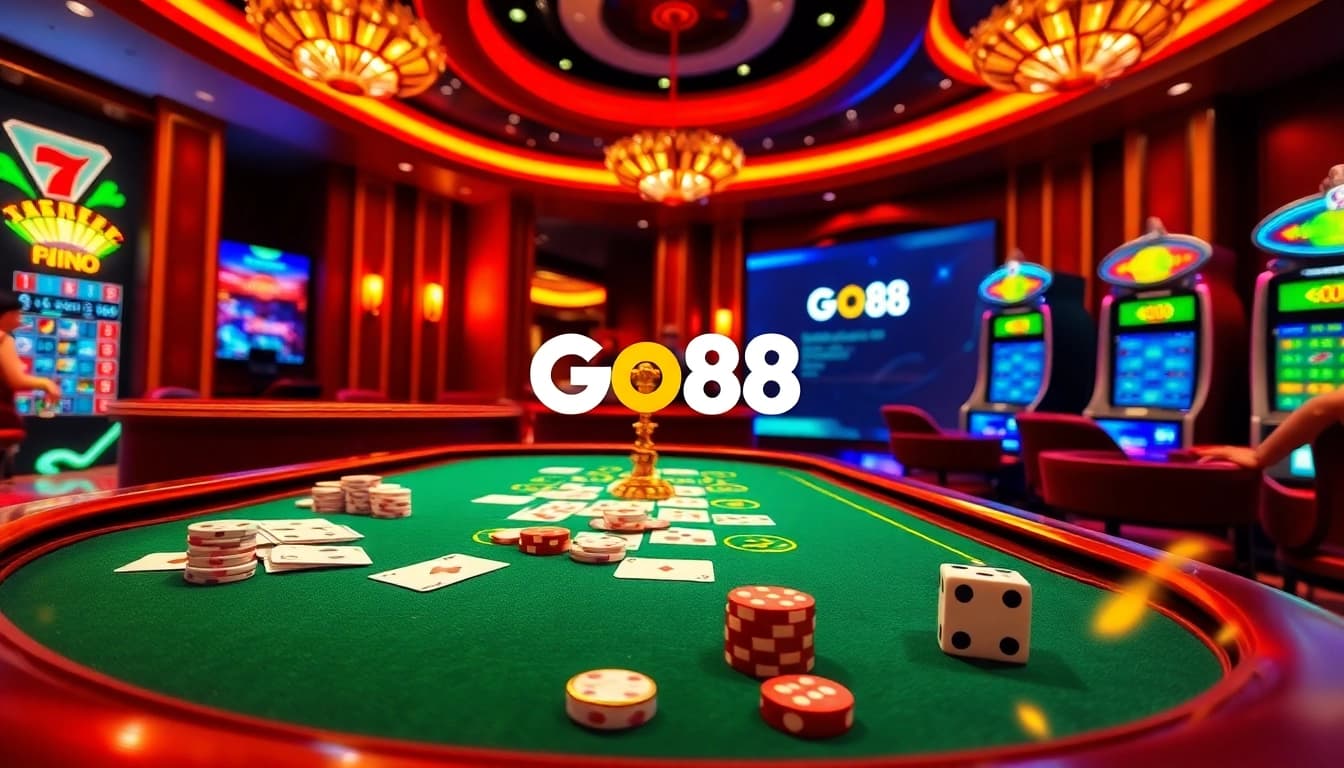 A thrilling gaming experience at Nhà Cái GO88 featuring vibrant tables, colorful chips, and a roulette wheel.