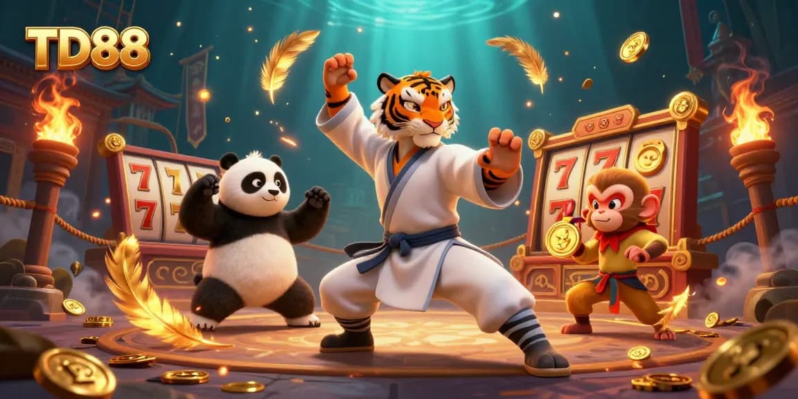 Engage in thrilling TD88 slots adventure with dynamic kung fu characters and vibrant casino elements.