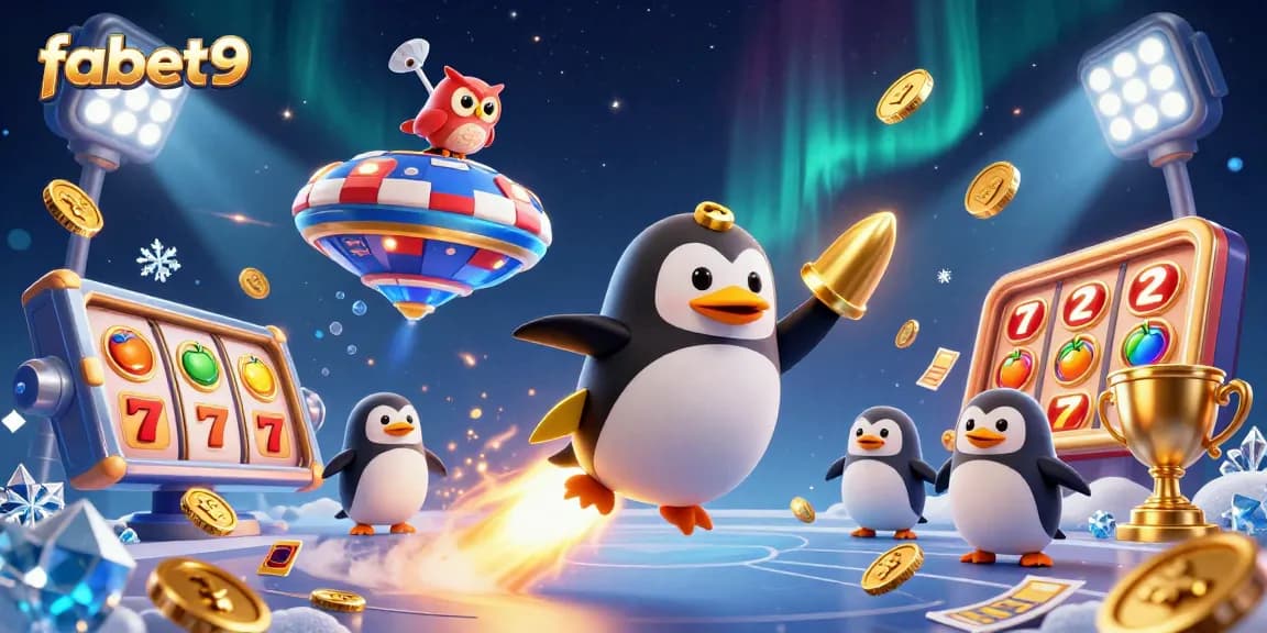 Fabet9 features a dazzling rocket-powered penguin amidst gambling symbols and a vibrant casino theme.