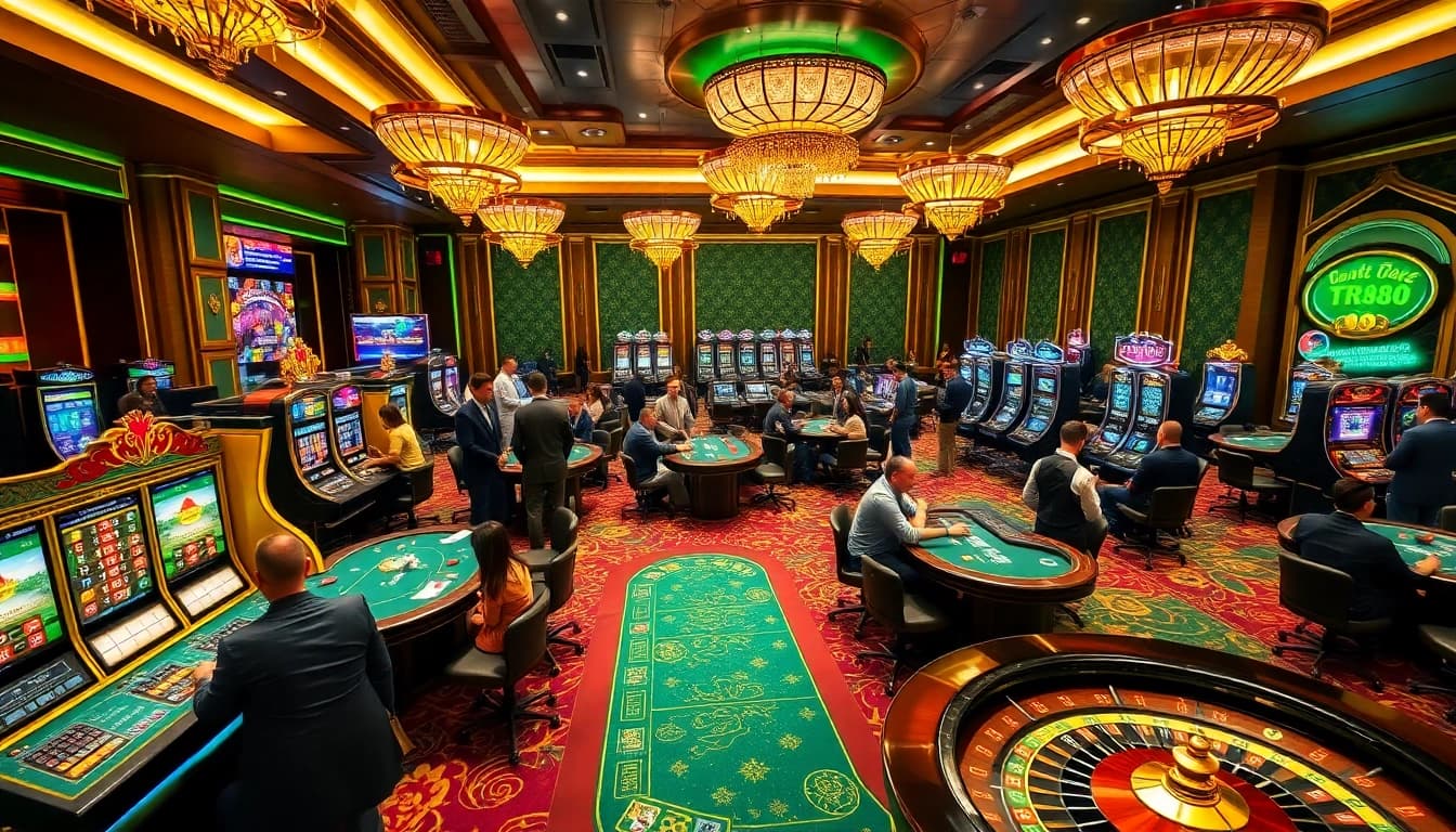 Experience the excitement of gambling at TR88 with vibrant casino tables and slot machines.