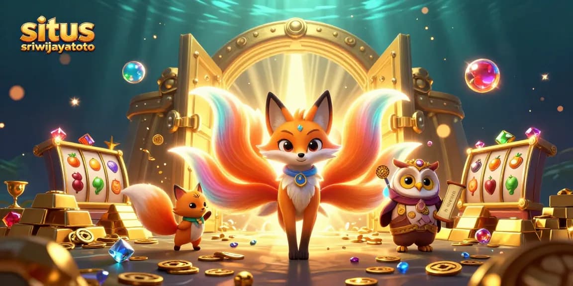 Engage with situs sriwijayatoto's vibrant 3D scene featuring a mystical fox, wise owl, and slots elements.