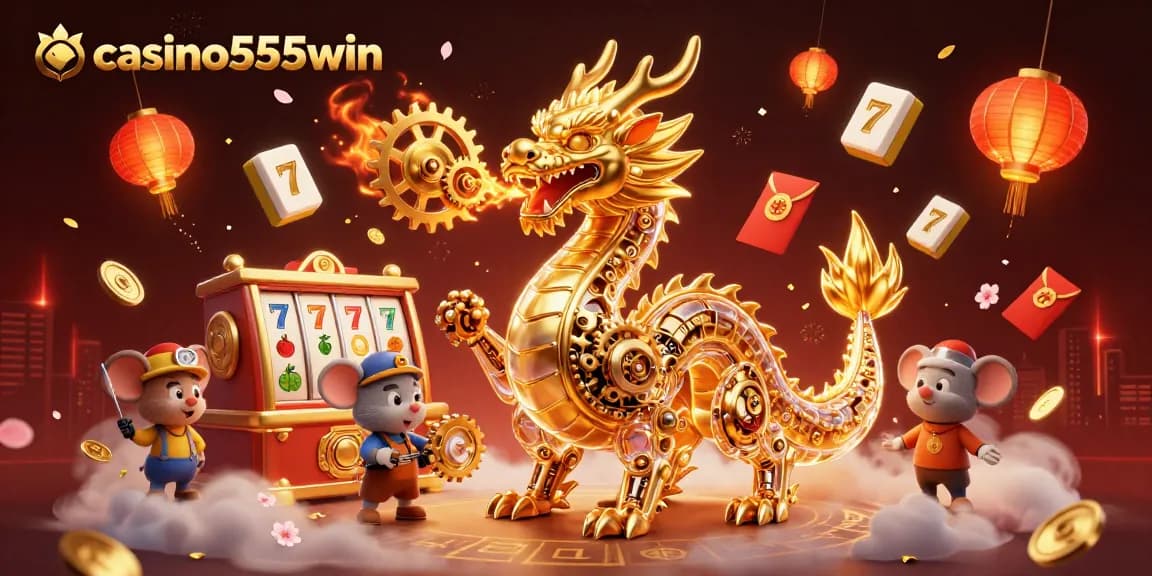 Experience thrilling wins at casino555win with a dynamic illustration of a golden dragon and vibrant casino elements.