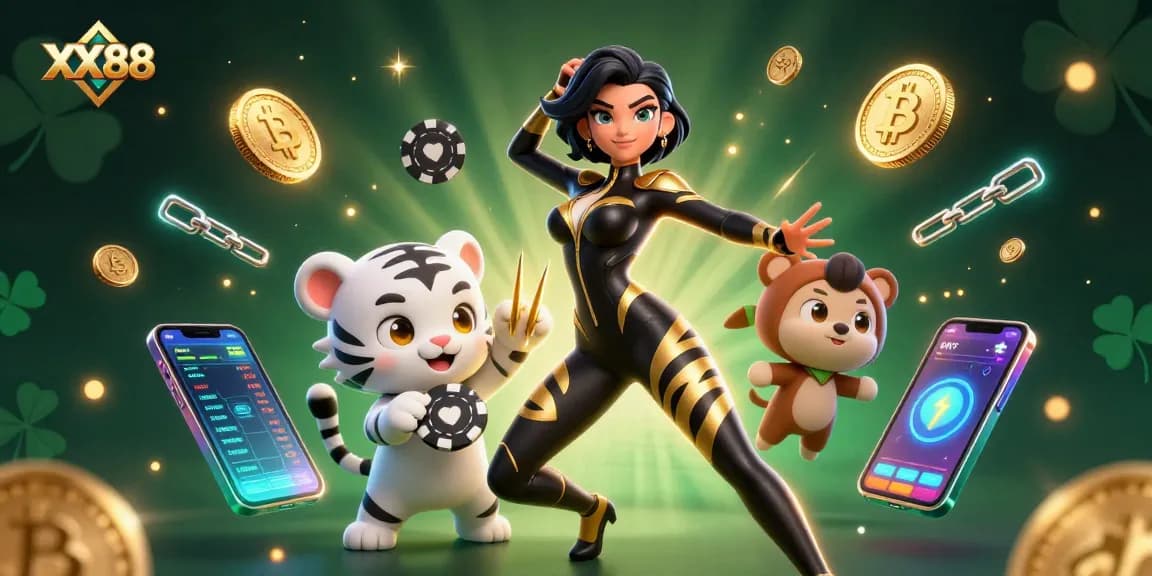 Engage with the thrilling XX88 experience in a vibrant casino setting featuring a dynamic acrobatic woman and a playful tiger.