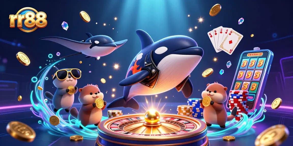 Playfully engaging rr88 characters in a vibrant casino scene filled with treasures and fun.